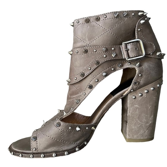 Laurence Dacade Deric Studded Leather Block-Heel Sandal, Gray/Silvertone